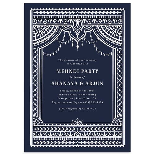 Painted Henna Rehearsal Dinner Invitations Navy Signature Blank Standard