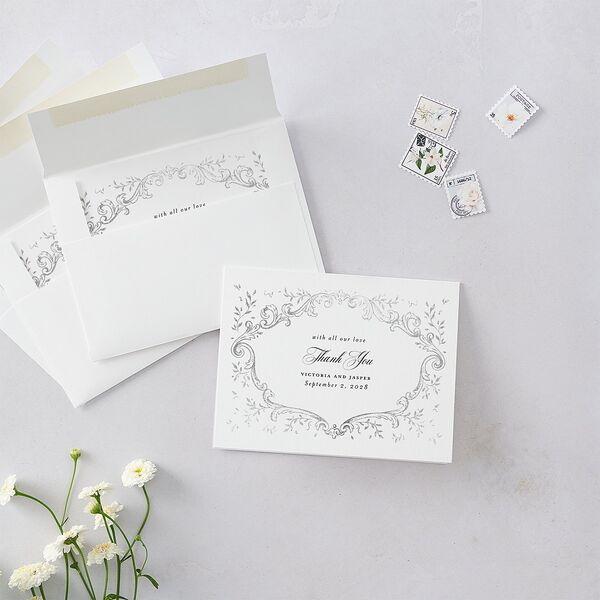 Formal Opulent Frame Foil Thank You Cards Pure White Silver