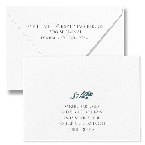 Elegant Nouveau Bridal Shower Invitation Euro Envelopes White Dark Emerald Both Recipient and Return Addresses Luxe Signature