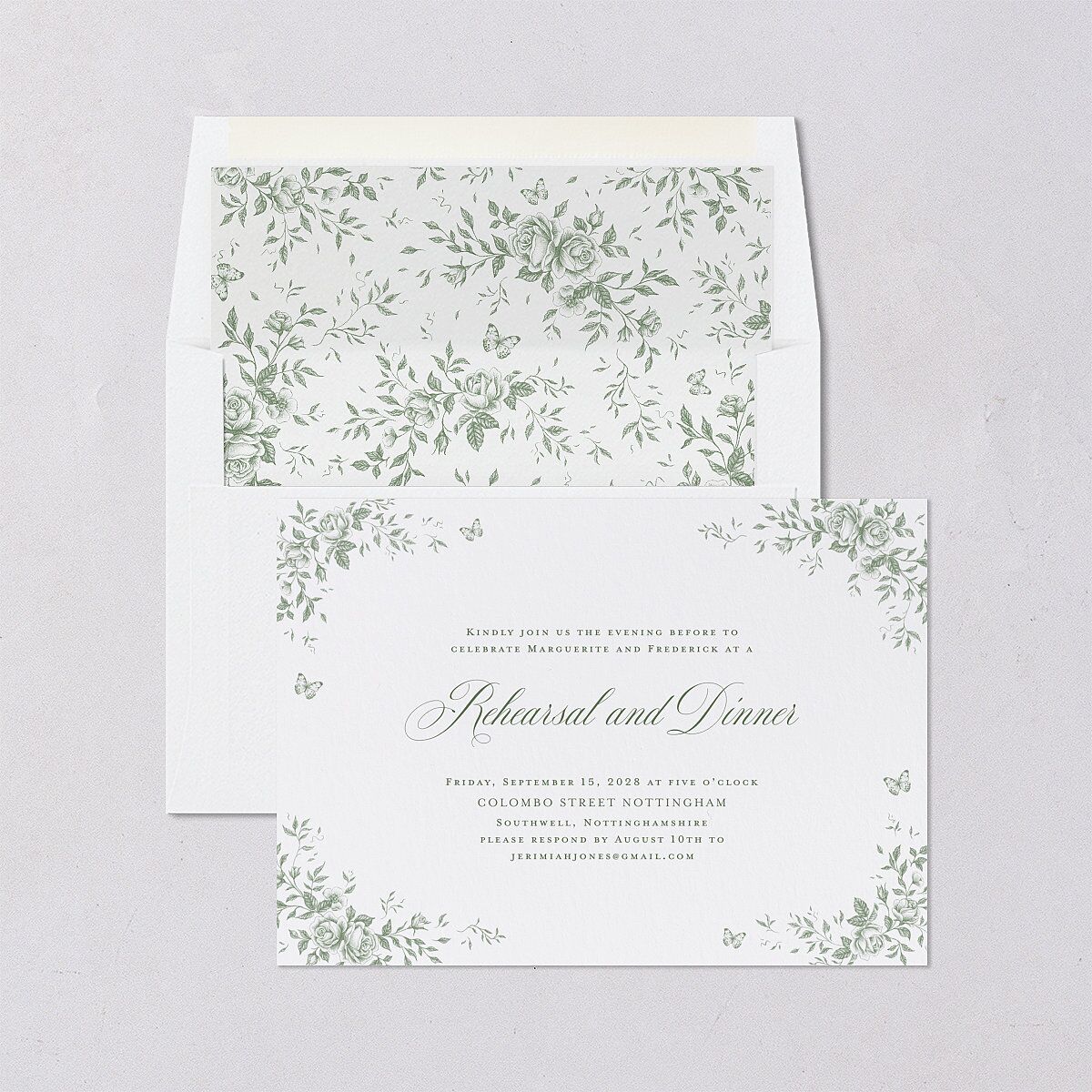 Elegant Rose Crest Rehearsal Dinner Invitations Deep Olive Signature Blank Standard