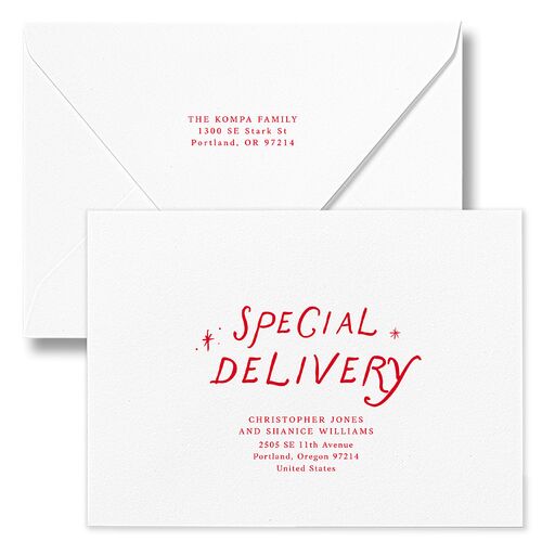 Whimsical Handwritten Home for the Holidays Photos Holiday Card Euro Envelopes White Ruby Both Recipient and Return Addresses Luxe Signature
