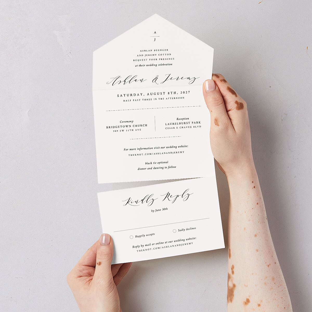 Simply Elegant All-in-One Wedding Invitations Champagne Signature Light Both Recipient and Return Addresses