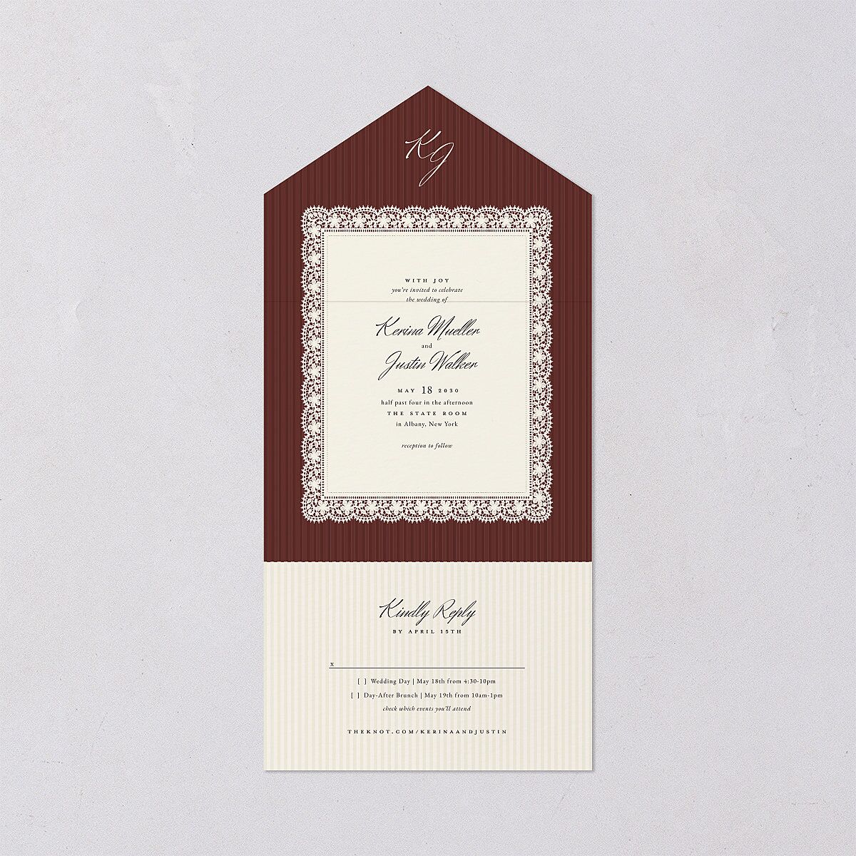 Vintage Lace All-in-One Wedding Invitations Burgundy Signature Light Both Recipient and Return Addresses No