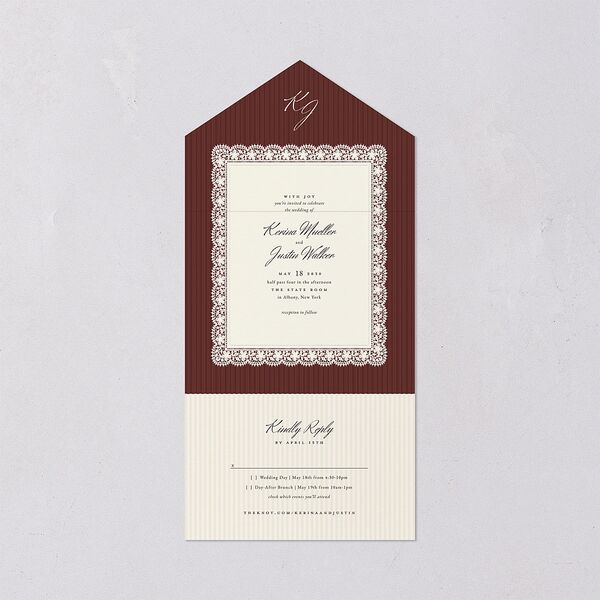 Vintage Lace All-in-One Wedding Invitations Burgundy Signature Light Both Recipient and Return Addresses No