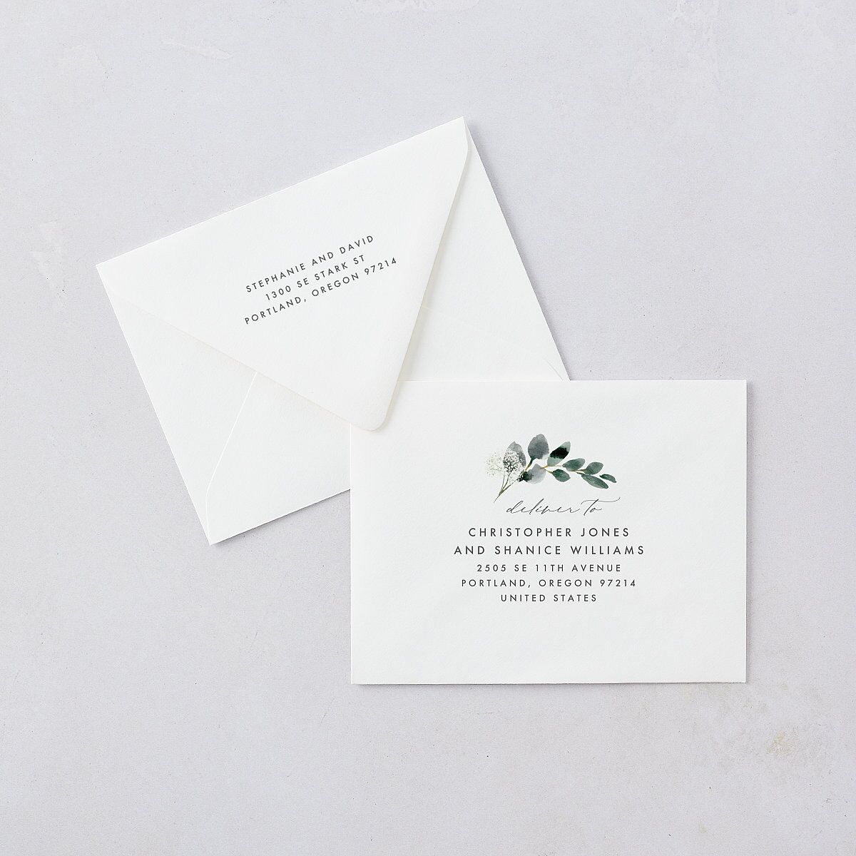 Elegant Greenery Save the Date Petite Card Euro Envelopes White Pure White Both Recipient and Return Addresses Luxe Signature