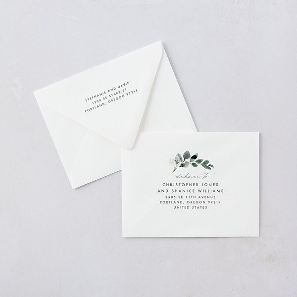 Elegant Greenery Save the Date Petite Card Euro Envelopes White Pure White Both Recipient and Return Addresses Luxe Signature