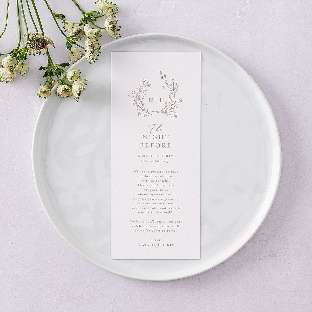 The Night Before Natural Monogram Menus Fawn Signature