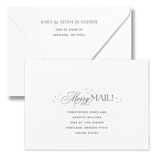 Married and Bright Wedding Gallery Holiday Card Euro Envelopes White Emerald Both Recipient and Return Addresses Luxe Signature