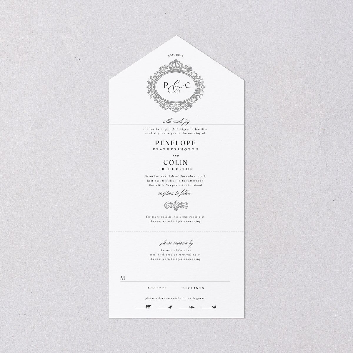 Glamorous Crown Monogram Crest All-in-One Wedding Invitations by Bridgerton Pure White Signature Light Both Recipient and Return Addresses No