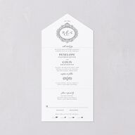 Glamorous Crown Monogram Crest All-in-One Wedding Invitations by Bridgerton Pure White Signature Light Both Recipient and Return Addresses No