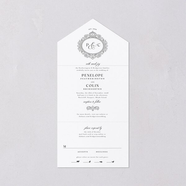 Glamorous Crown Monogram Crest All-in-One Wedding Invitations by Bridgerton Pure White Signature Light Both Recipient and Return Addresses No