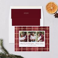 Merry and Bright Plus One Plaid Pattern Holiday Cards Burgundy Signature Blank Standard Portrait