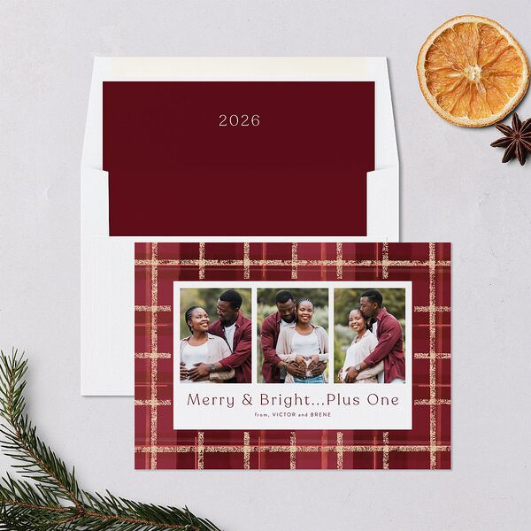 Merry and Bright Plus One Plaid Pattern Holiday Cards Burgundy Signature Blank Standard Portrait