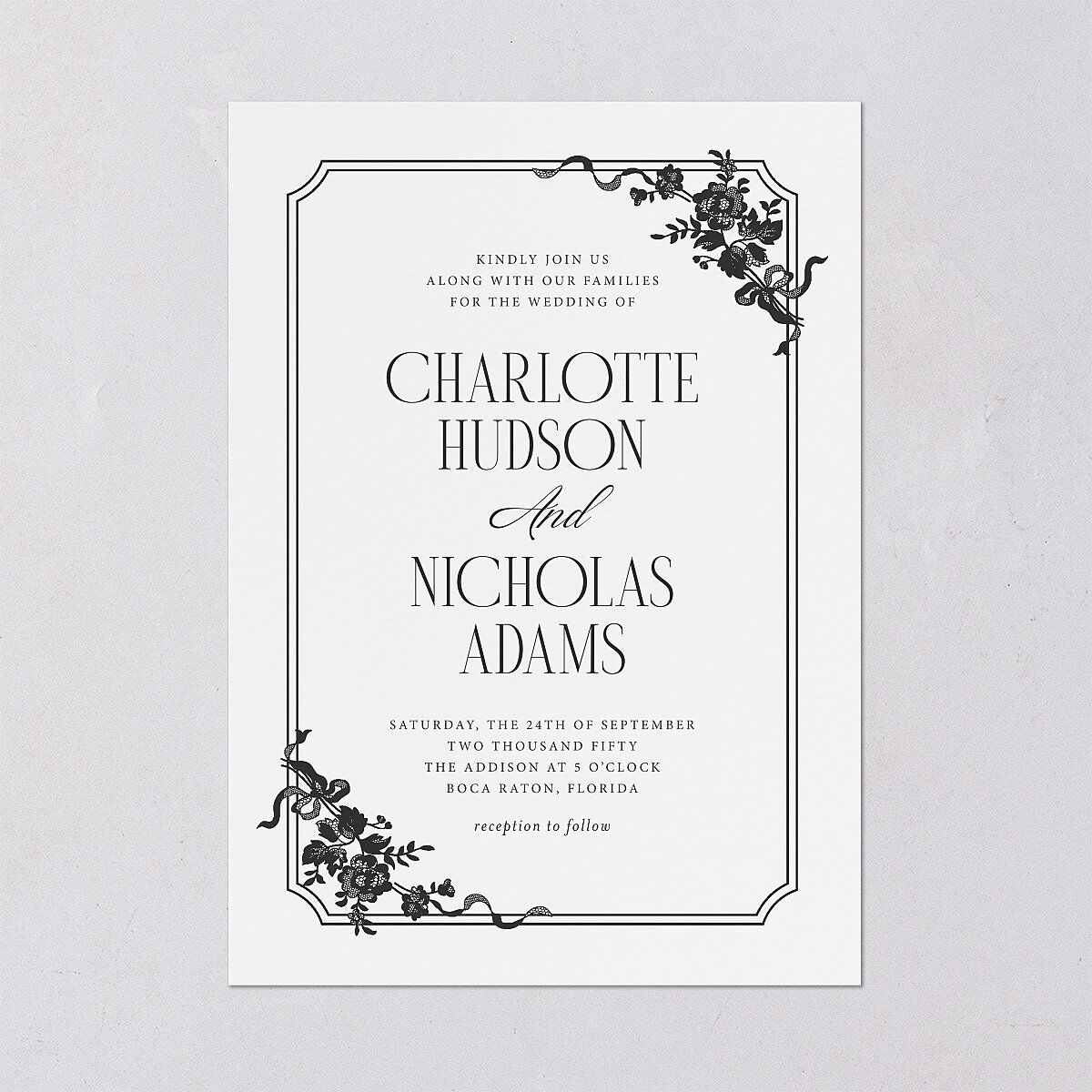 Old Money Botanical Wedding Invitations Pure White Signature Blank No Standard