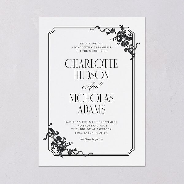 Old Money Botanical Wedding Invitations Pure White Signature Blank No Standard