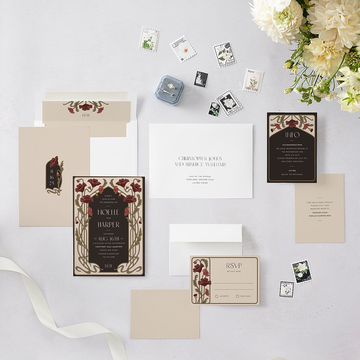 Vintage Nouveau Floral Wedding Invitations Merlot Signature Blank No Rounded
