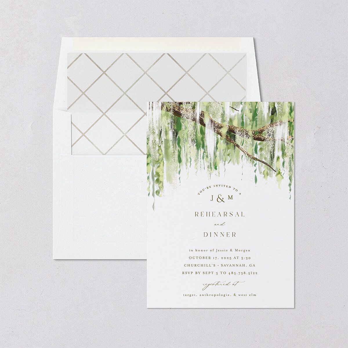 Southern Spanish Moss Rehearsal Dinner Invitations Pure White Signature Blank Standard