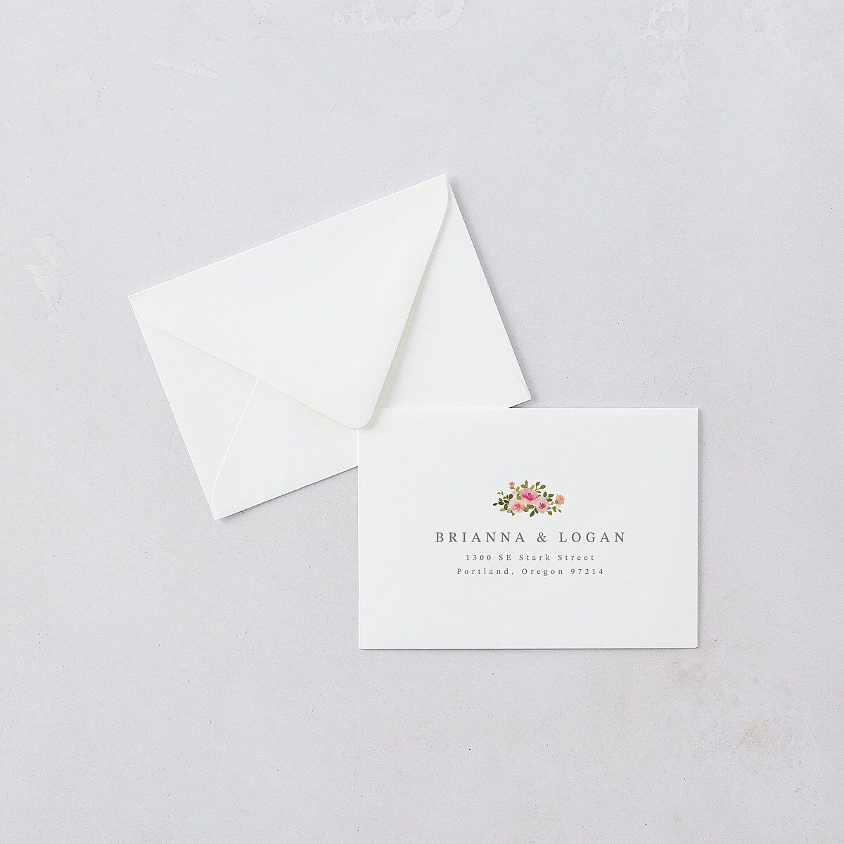 Watercolor Floral Crest Response Card Euro Envelopes Shell Pink White Return Address Luxe