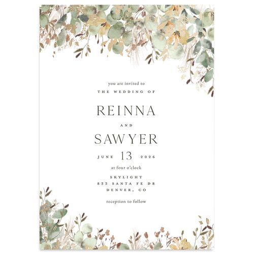 Eucalyptus Edges Wedding Invitations Gold Pure White Signature Blank No