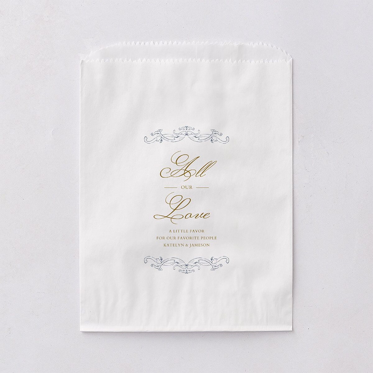 Romantic Rococo Favor Bags White Dusty Blue Wax-Lined Food Safe Paper