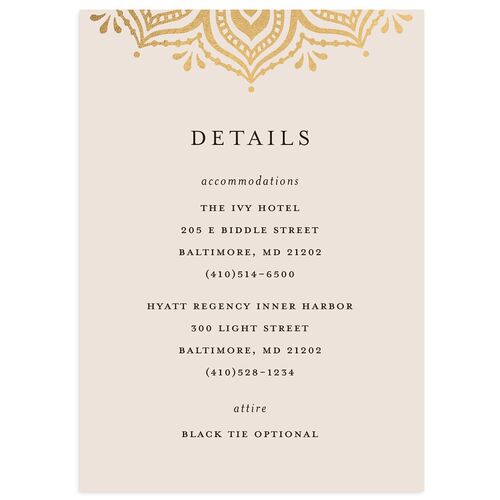 Indian Gilded Adornment Wedding Event Detail Cards Gold Sand Signature Standard
