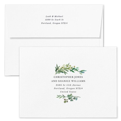 Leafy Monogram Hoop Save The Date Card Envelopes Dark Navy Blue Both Recipient and Return Addresses Signature Standard