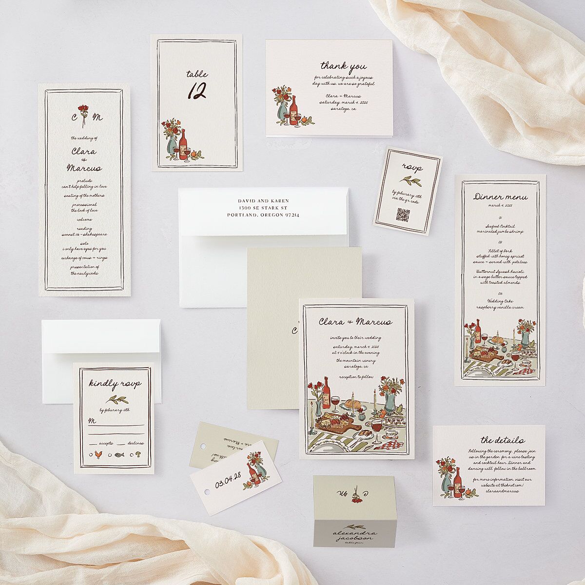Hand Drawn Tablescape Place Cards Linen Signature