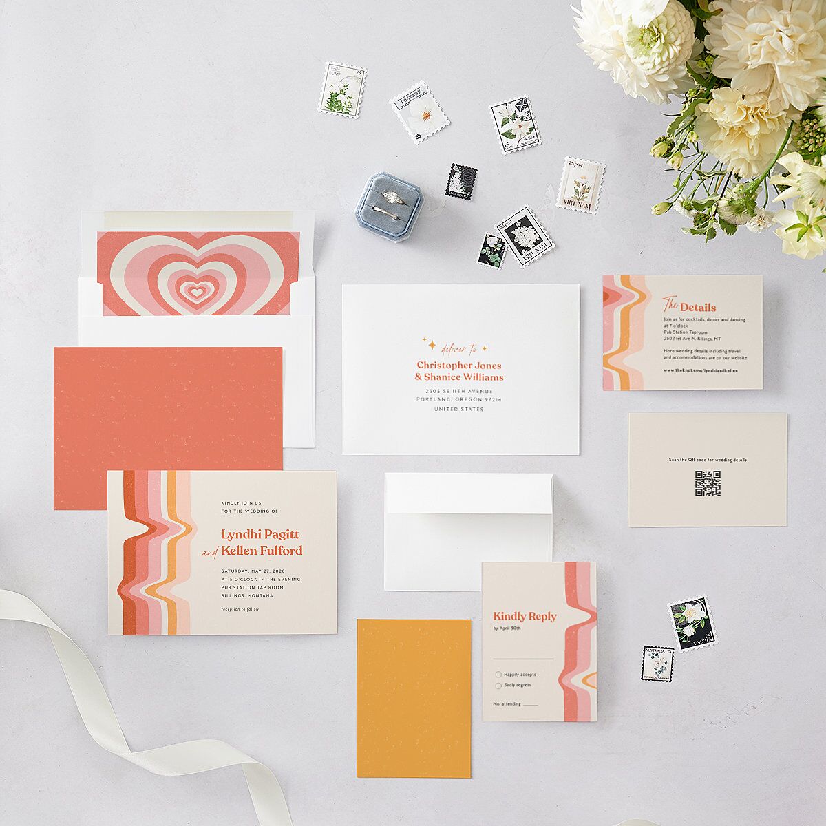 Groovy Lines Wedding Invitations Coral Pink Signature Blank No Standard