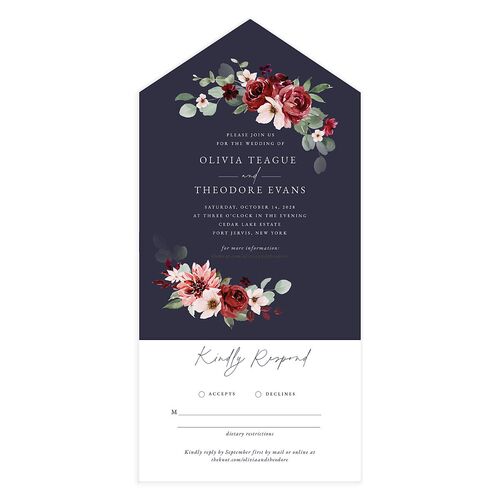 Eucalyptus Bouquet All-in-One Wedding Invitations Navy Signature Light Both Recipient and Return Addresses No