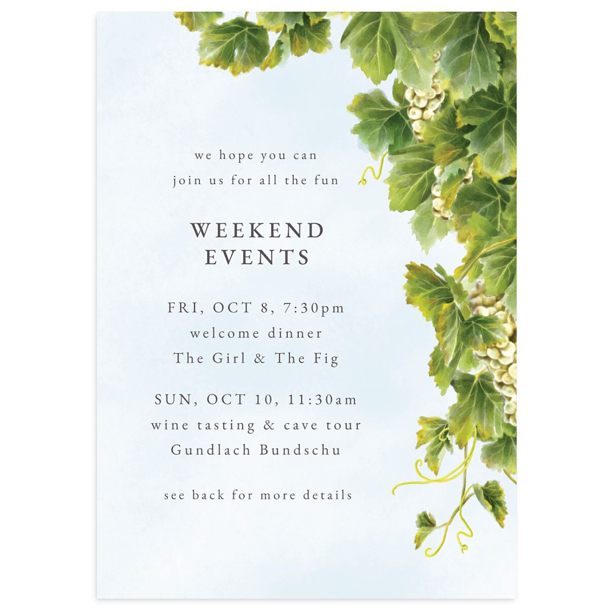Romantic Vineyard Wedding Itinerary Cards