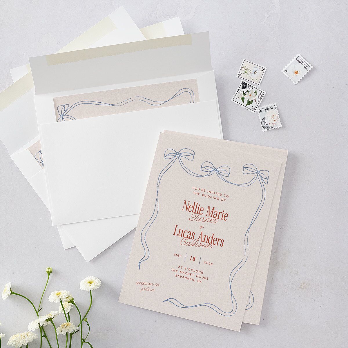 Modern Delicate Bows Wedding Invitations Jewel Red Signature Blank Standard