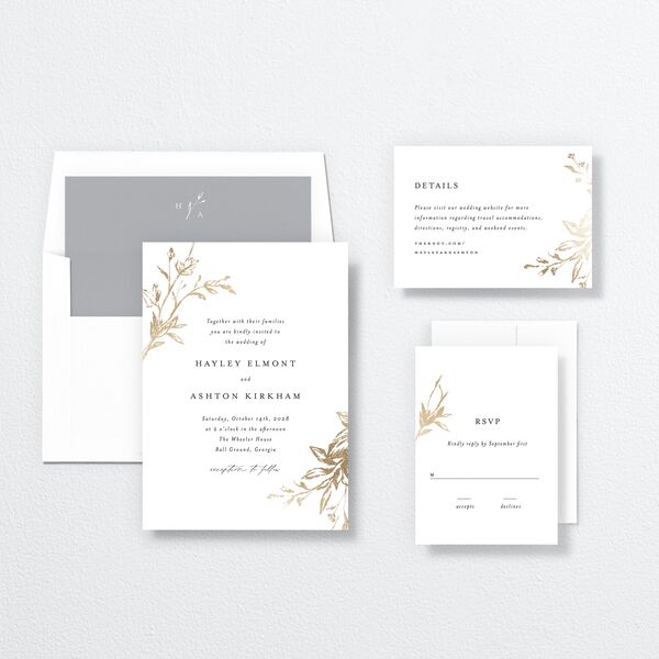 Shining Leaves Wedding Invitations Pure White Gold No Signature