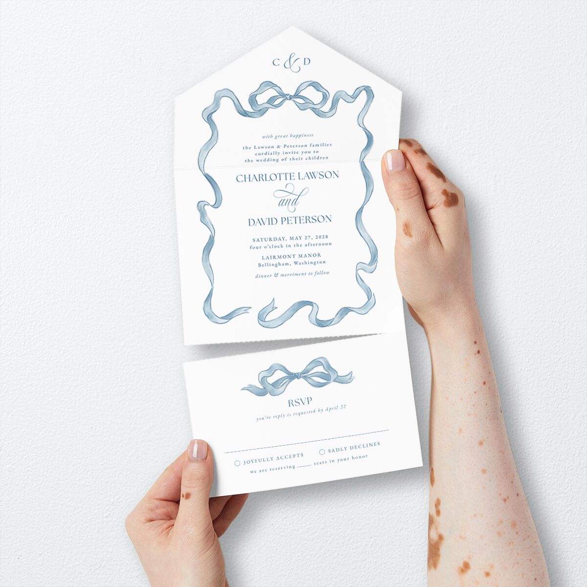 Vintage Bow All-in-One Wedding Invitations Regency Blue Signature Light Both Recipient and Return Addresses No