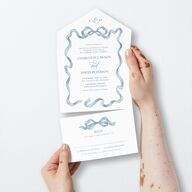 Vintage Bow All-in-One Wedding Invitations Regency Blue Signature Light Both Recipient and Return Addresses No