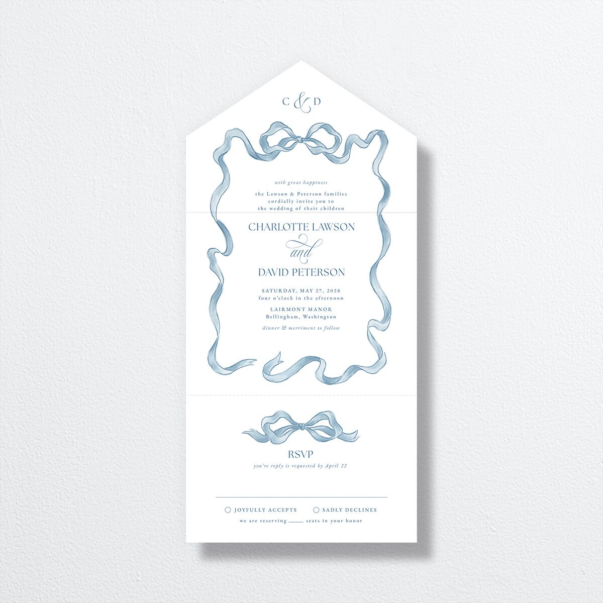 Vintage Bow All-in-One Wedding Invitations Regency Blue Signature Light Both Recipient and Return Addresses No