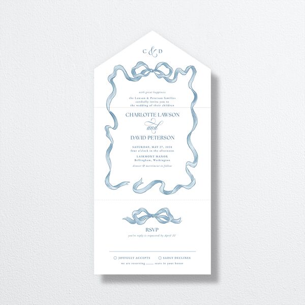 Vintage Bow All-in-One Wedding Invitations Regency Blue Signature Light Both Recipient and Return Addresses No