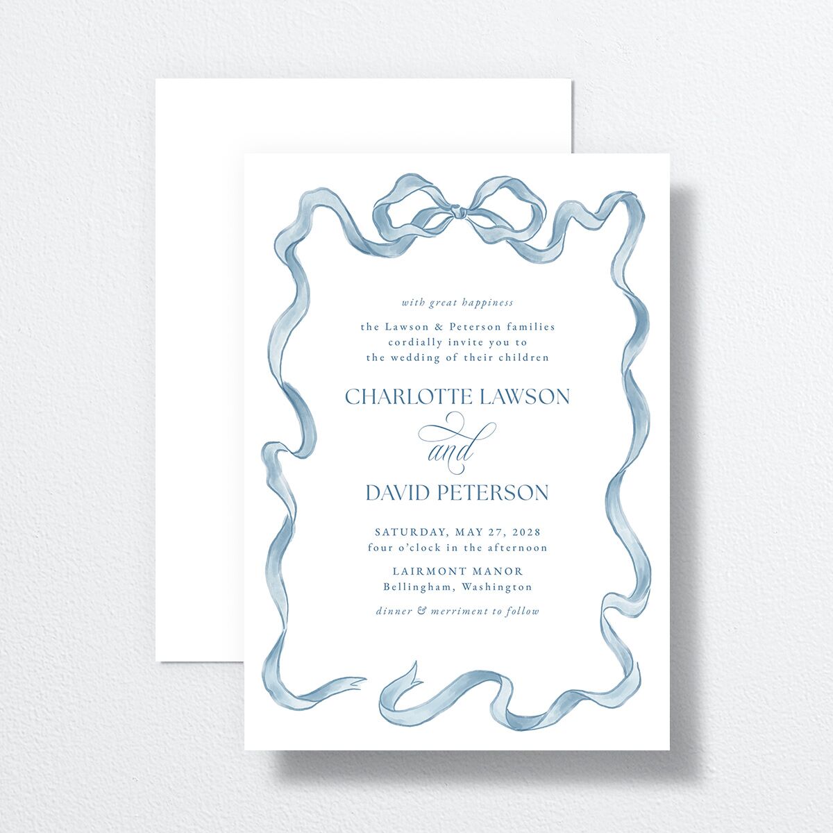 Vintage Bow Wedding Invitations Regency Blue Signature No