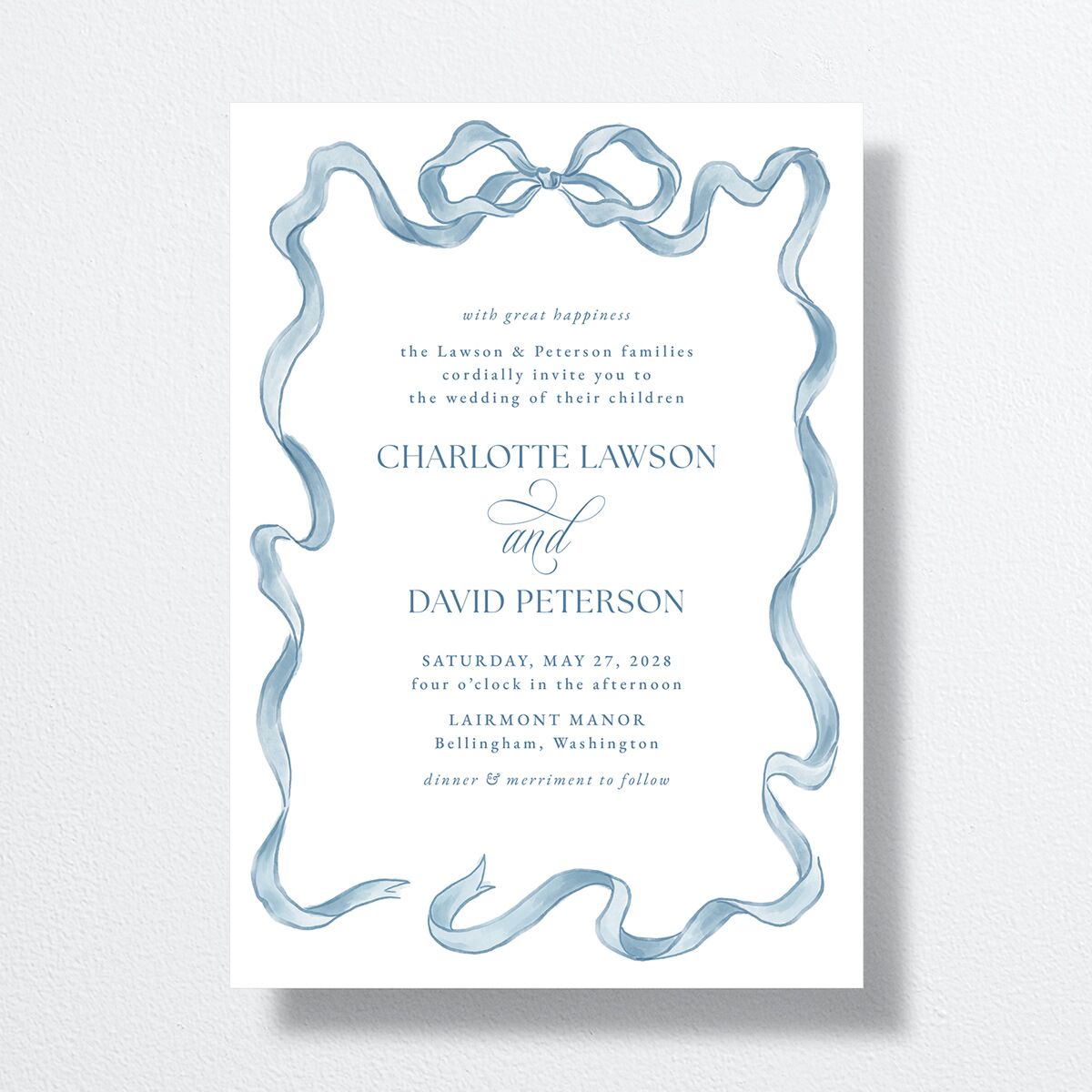 Vintage Bow Wedding Invitations Regency Blue Signature No