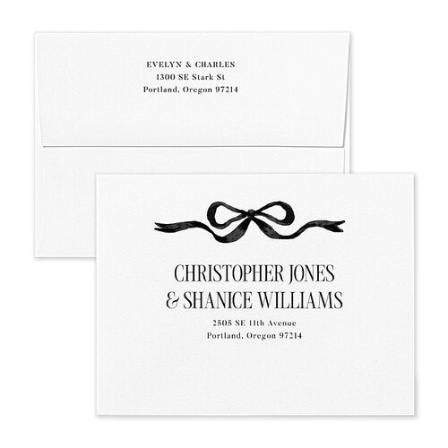 Whimsical Hand Drawn Bow Save the Date Petite Card Envelopes White Linen Both Recipient and Return Addresses Signature Standard