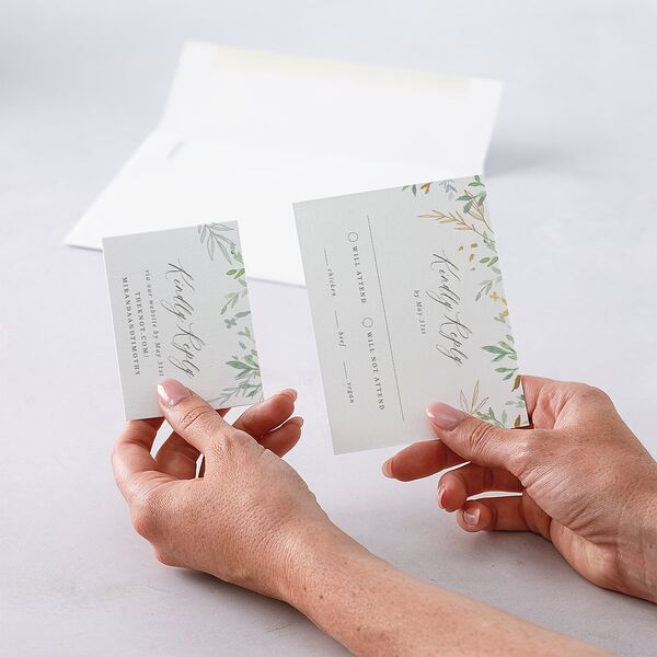 Elegant Greenery Watercolor Foil QR Code RSVP Cards Champagne Signature Standard