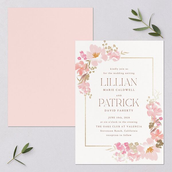 Blooming Frame Wedding Invitations Gold Pink Cotton Signature Blank No Standard