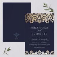 Elegant Damask Wedding Invitations Gold Navy Signature Blank No Standard