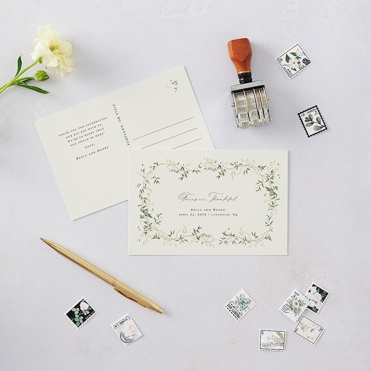 Dainty Fairytale Greenery Thank You Postcards Hunter Green
