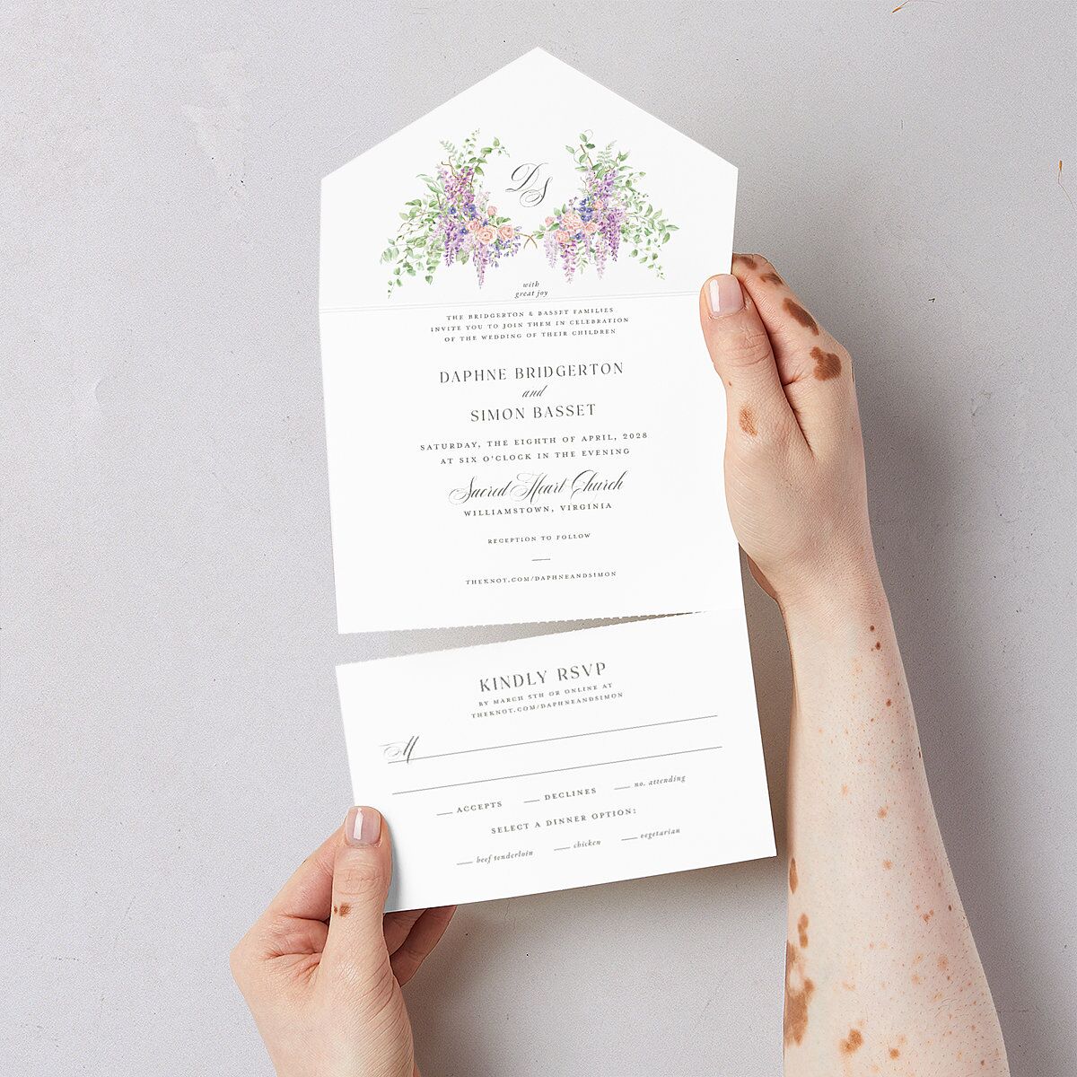 Formal Wisteria Garden Crest All-in-One Wedding Invitations by Bridgerton — view 3