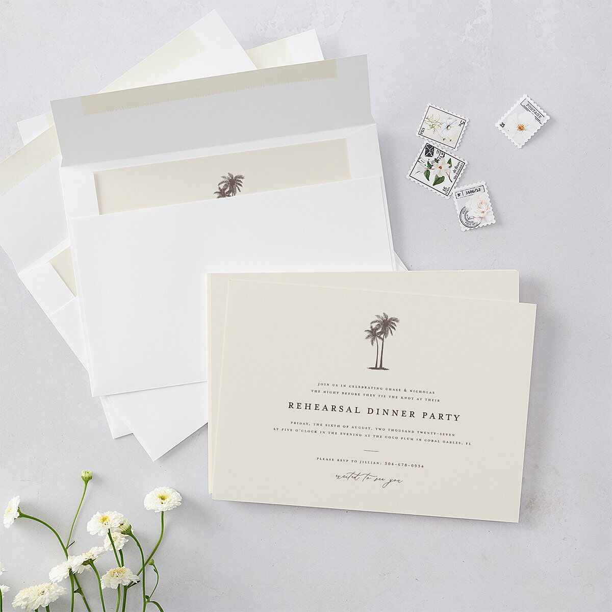 Palm Tree Icon Rehearsal Dinner Invitations Champagne Signature Blank Standard