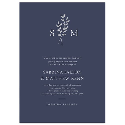 Elegant Botanical Initials Foil  Wedding Invitations Navy Silver Signature Blank No Standard