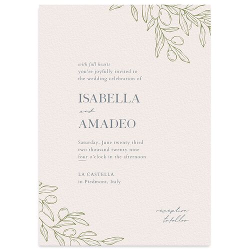 Elegant Italian Olive Branches Wedding Invitations Dusty Blue Signature Blank No Standard