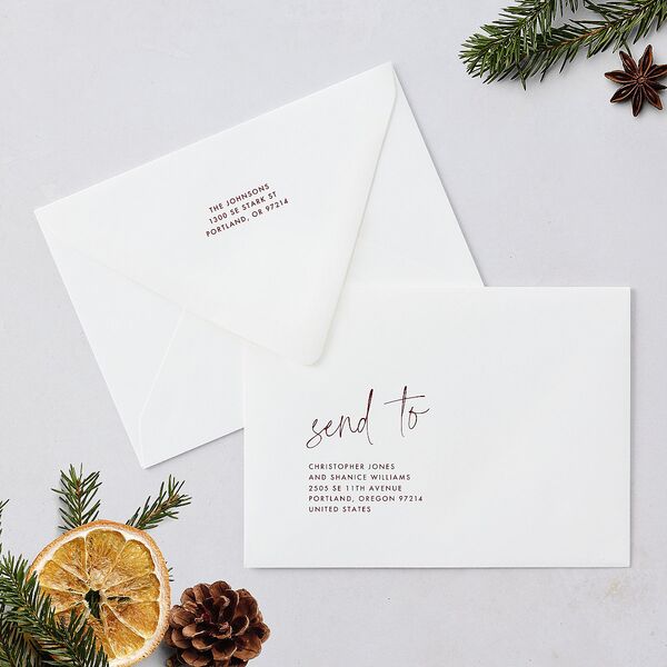 Our Greatest Gift Wavy Bow Frame Holiday Card Euro Envelopes White Jewel Red Both Recipient and Return Addresses Luxe Signature