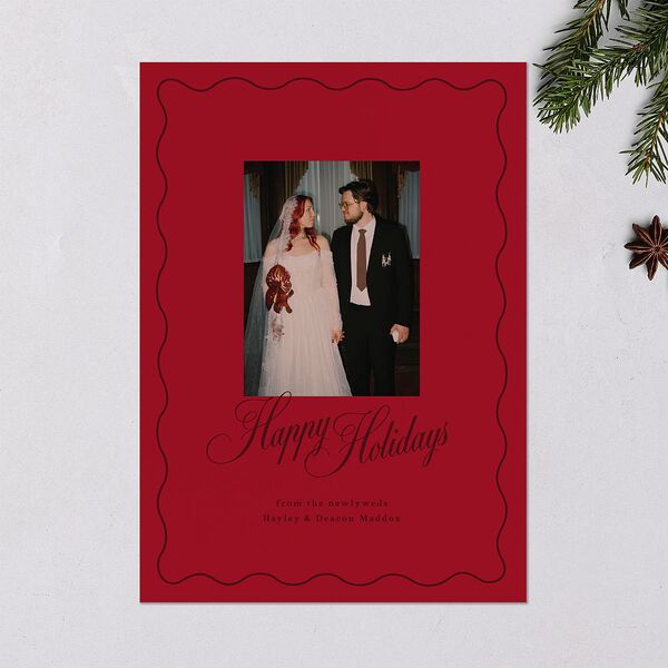 Holiday Eclectic Wavy Frame Holiday Cards Ruby Portrait Signature Blank Standard