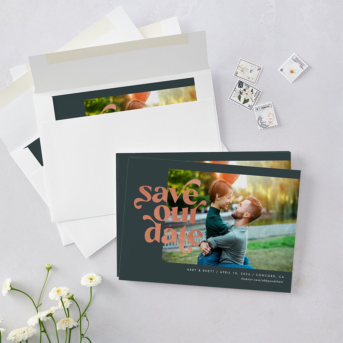 Save Our Date Save The Date Cards Rose Gold Dark Emerald Signature smooth Blank No Standard